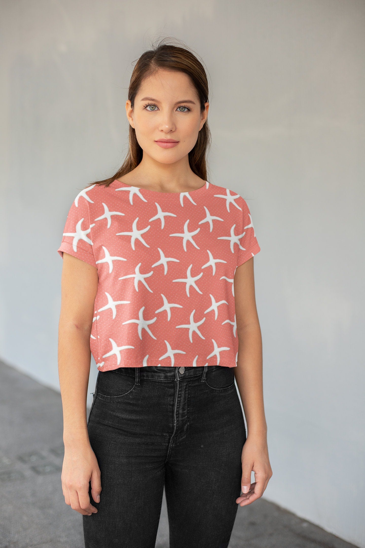 Stay Cool and Stylish: Summer Salmon Crop Tee - Trendy, Casual, and Comfortable! Crop tee with Coral designs, Fashionable and Fun Crop Tee