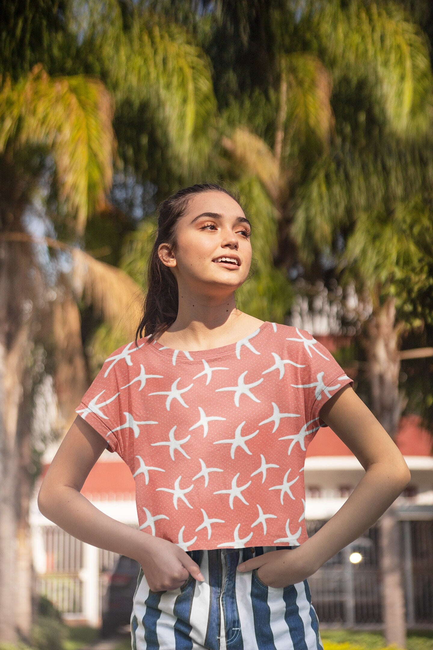 Stay Cool and Stylish: Summer Salmon Crop Tee - Trendy, Casual, and Comfortable! Crop tee with Coral designs, Fashionable and Fun Crop Tee