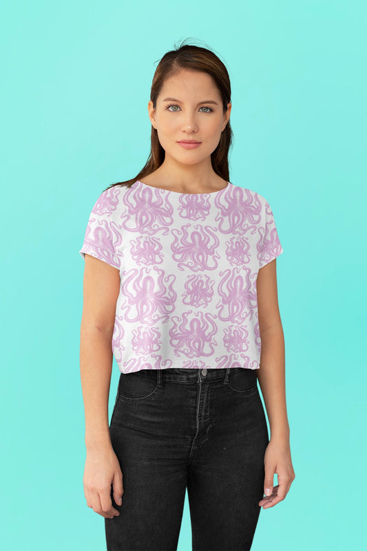 Summer Pink Octopus Crop Tee - Trendy, Casual, and Comfortable! Crop tee with Octopus Art, Fashionable and functional. Octopus Print