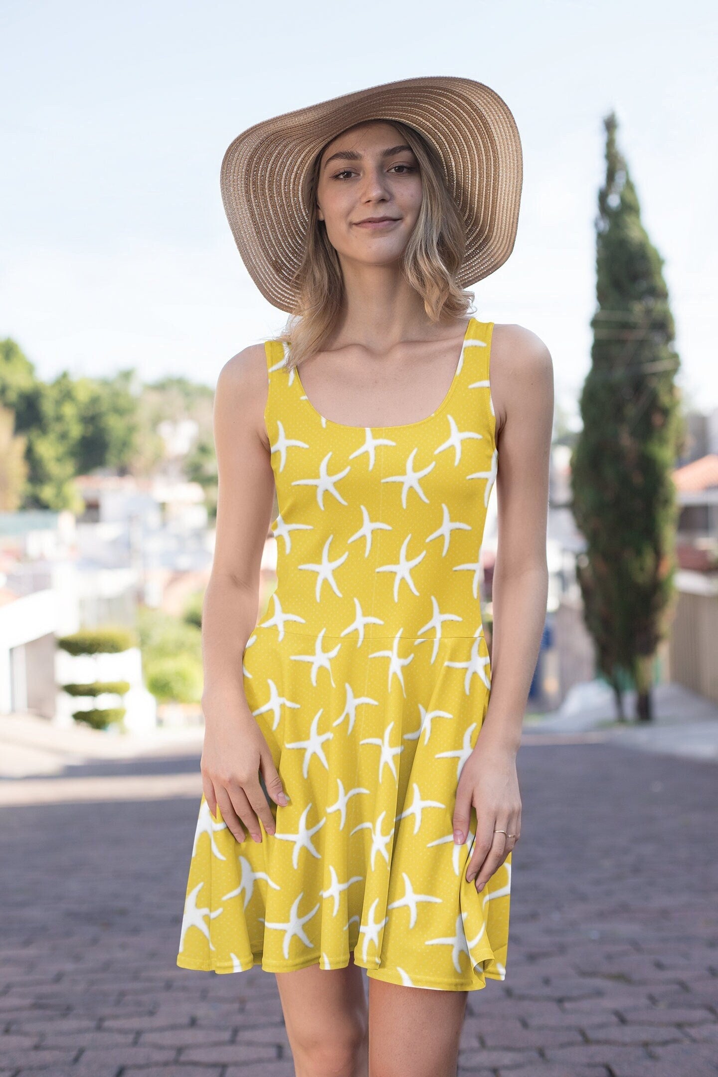 Yellow Skater Dress, Starfish print dress, Beach-themed dress, Women's yellow dress, Flared Dress, Flowy Dress, Womens Summer Dress