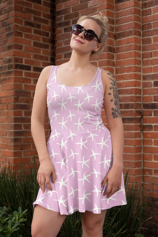 Pink Skater Dress, Starfish print dress, Beach-themed dress, Women's pink dress, Flared Dress, Flowy Dress, Womens Summer Dress