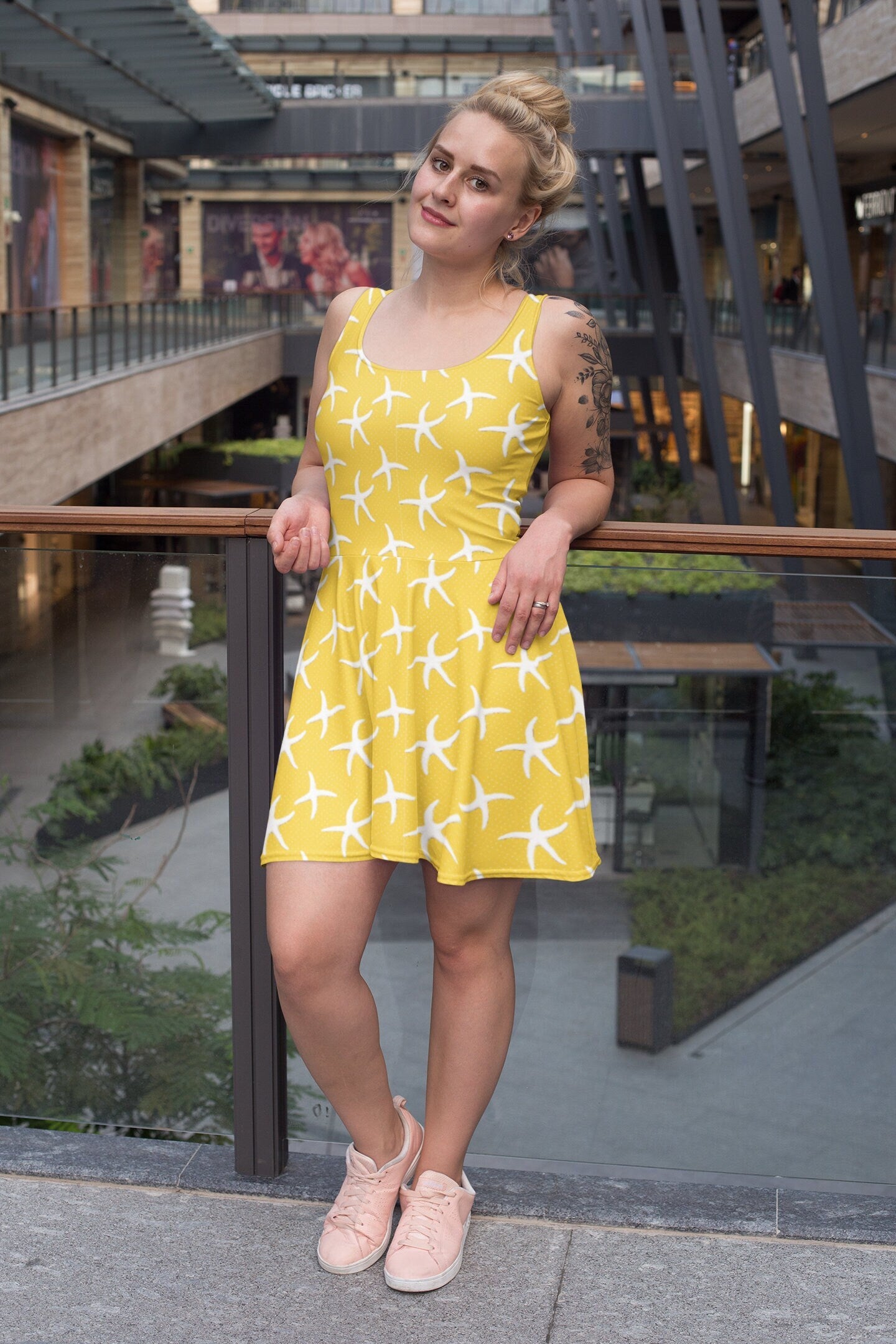 Yellow Skater Dress, Starfish print dress, Beach-themed dress, Women's yellow dress, Flared Dress, Flowy Dress, Womens Summer Dress