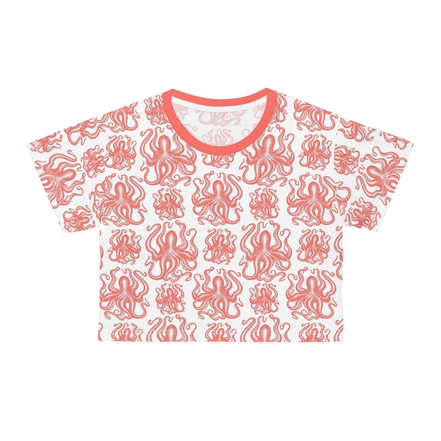 Summer Salmon Octopus Crop Tee - Trendy, Casual, and Comfortable! Crop tee with ocean designs, Fashionable and functional, Octopus Art