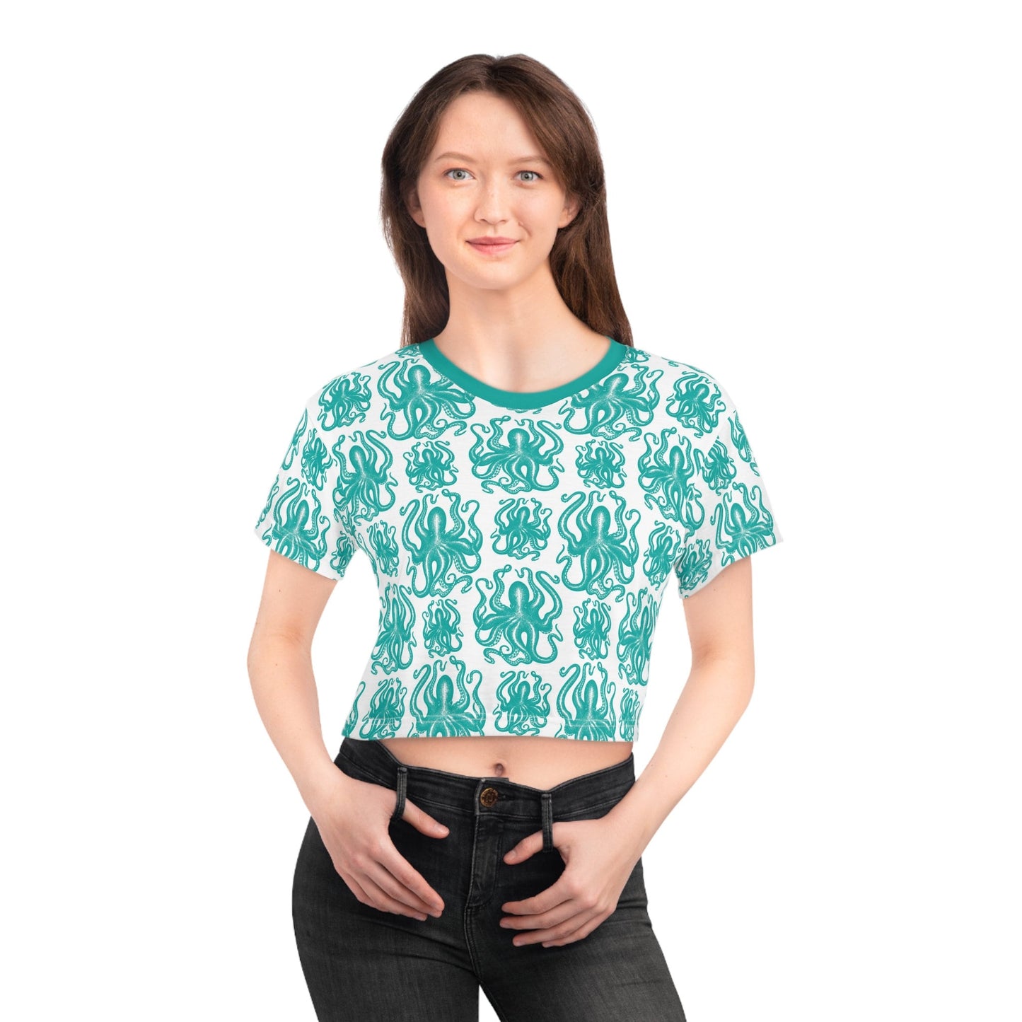 Summer Aqua Octopus Crop Tee - Trendy, Casual, and Comfortable! Crop tee with Octopus Art, Fashionable and functional. Octopus Print Tee