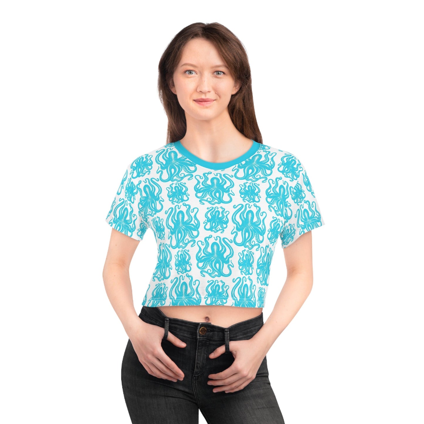 Summer Blue Octopus Crop Tee - Trendy, Casual, and Comfortable! Crop tee with Octopus Art, Fashionable and functional. Octopus Print