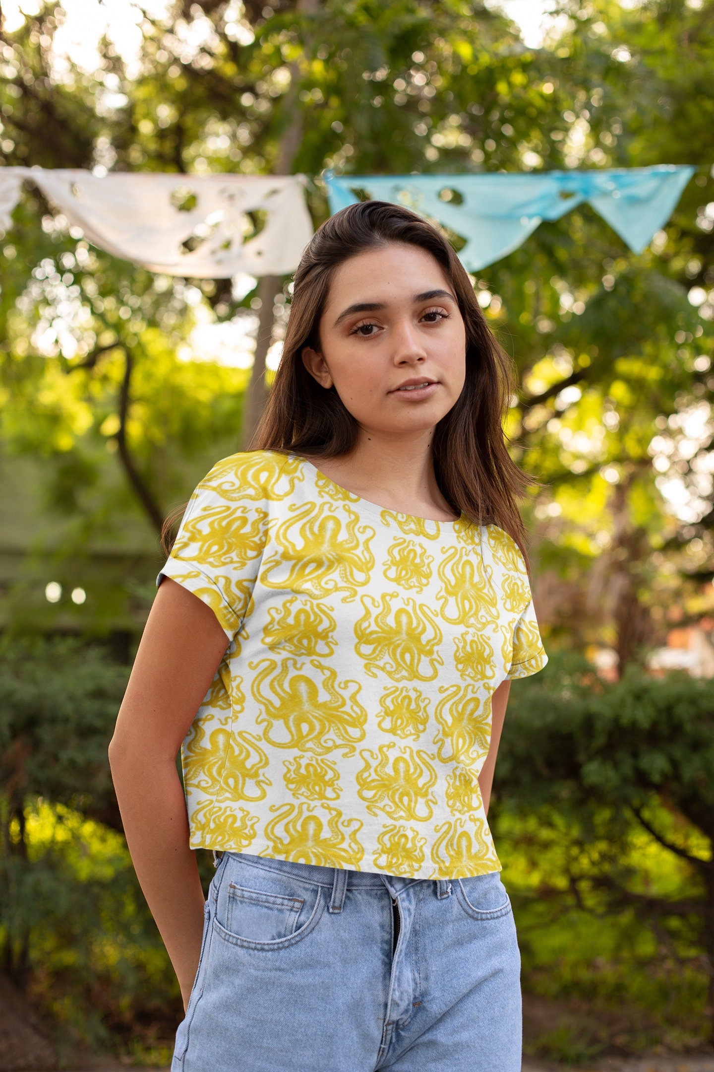 Summer Yellow Octopus Crop Tee - Trendy, Casual, and Comfortable! Crop tee with Octopus Art, Fashionable and functional. Octopus Print