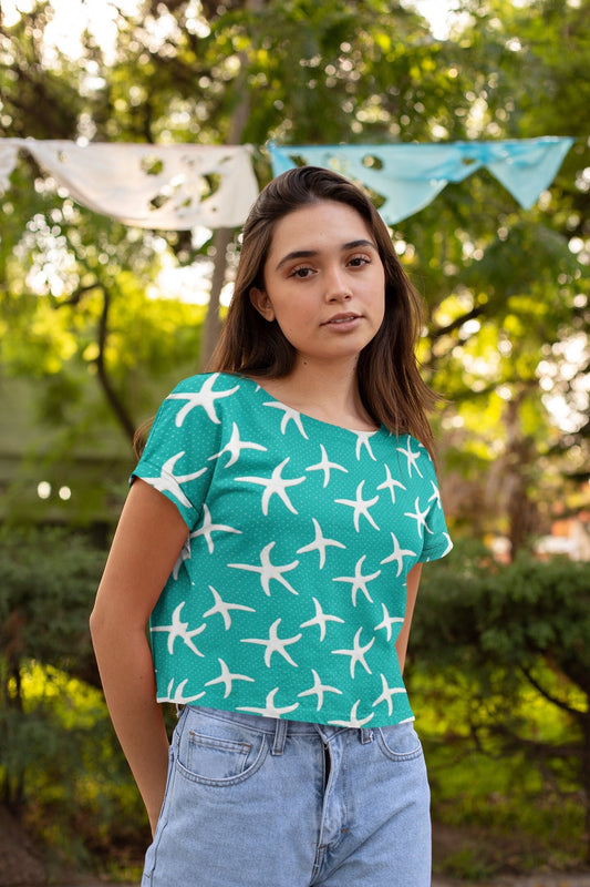 Stay Cool and Stylish: Summer Aqua Crop Tee - Trendy, Casual, and Comfortable! Crop tee with Coral designs, Fashionable and Fun Crop Tee